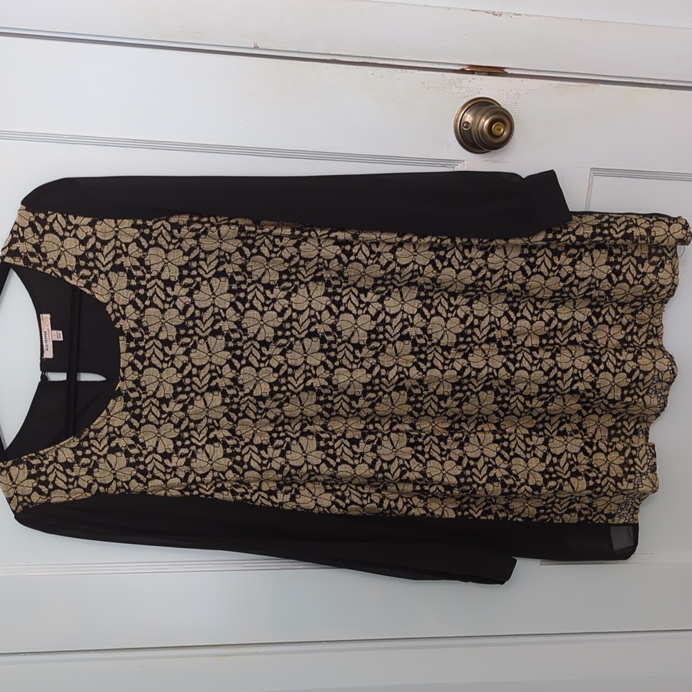 Blu Pepper Sz L Black and Gold Floral Midi Dress with Sheer Black Sleeves